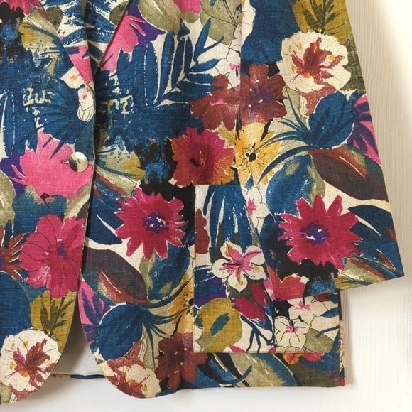 Casual Corner 80's Vintage Floral Lightweight Linen Blend Boxy Blazer Jacket L - Picture 9 of 12